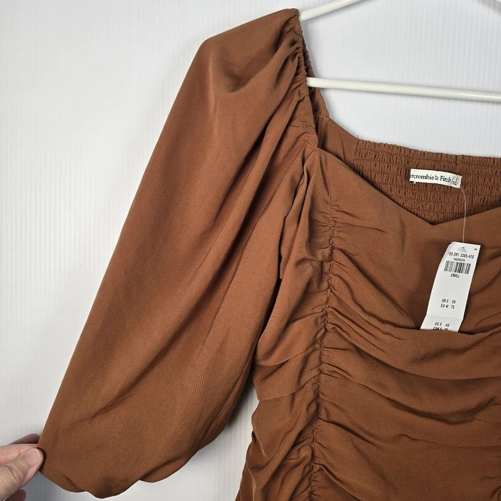 NWT Abercrombie & Fitch Womwn's Ruched Mini Dress Puff Elbow Sleeve Cognac SizeS - Picture 7 of 14